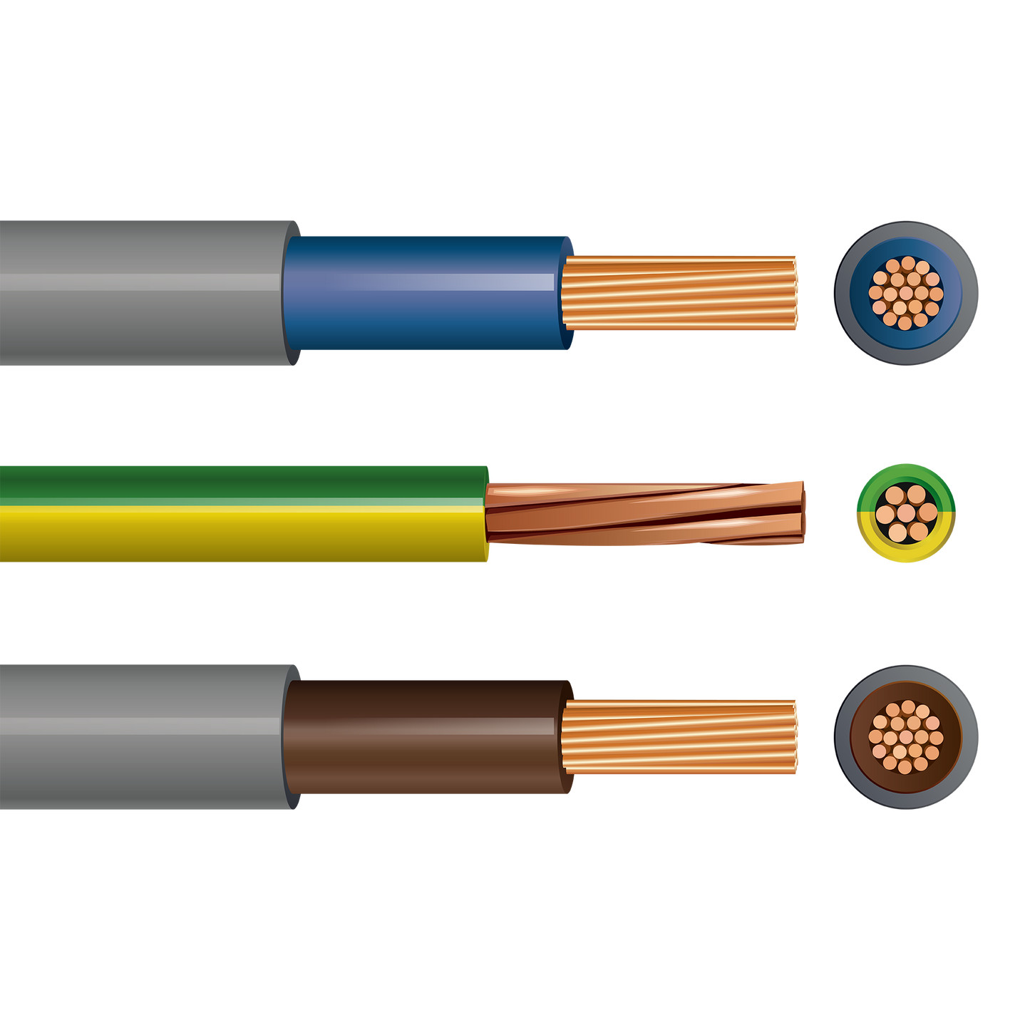 Pitacs Flexi Meter Tail Pack 25mm² x 1m: 6181Y Double Insulated Flexi 19 Stranded (Grey with Brown) and (Grey with Blue) plus 6491X Single Core (Green/Yellow)