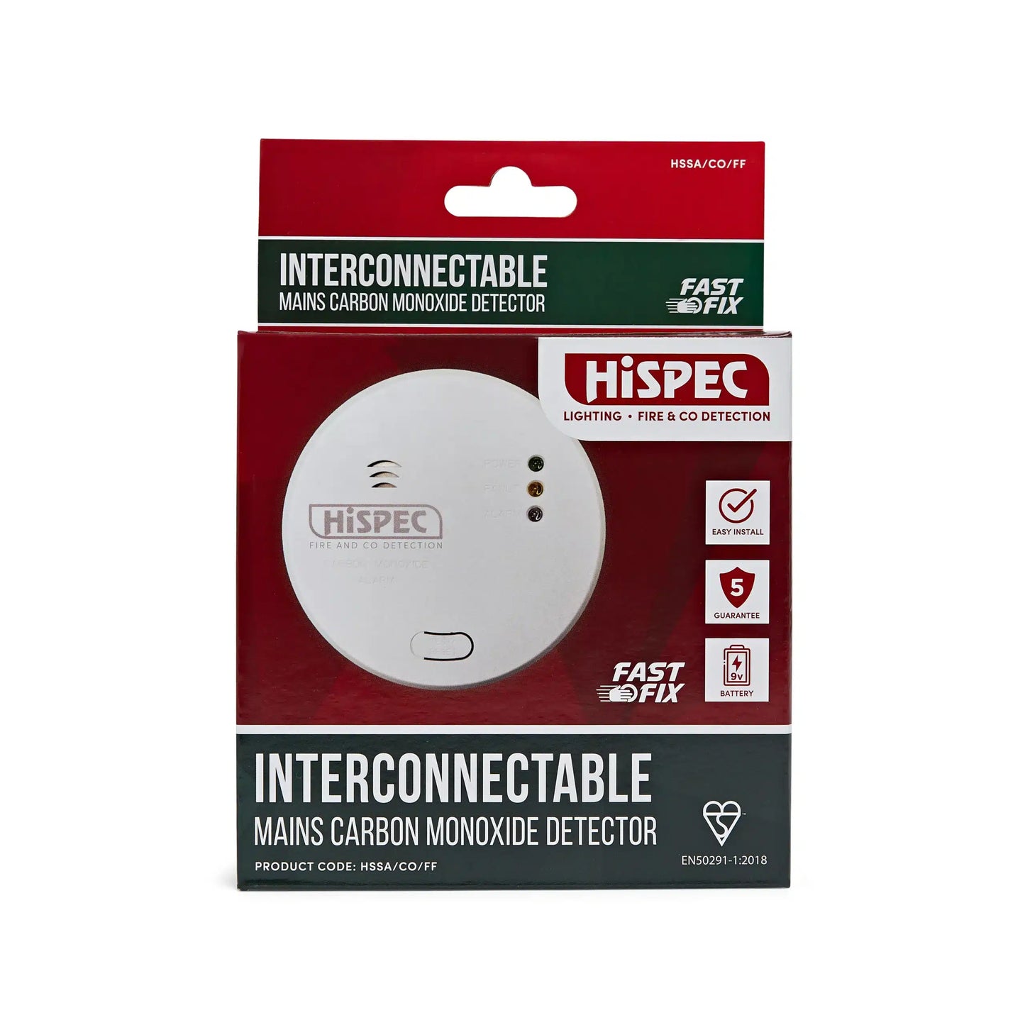 HiSPEC Interconnectable Fast Fix Mains Carbon Monoxide Detector with 9V Battery Backup