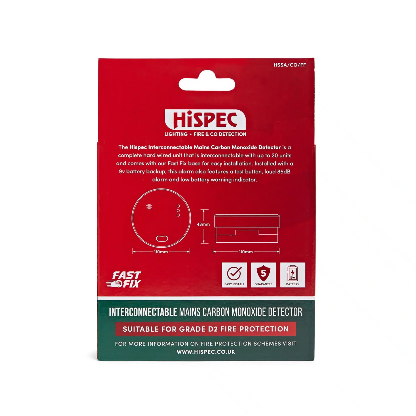 HiSPEC Interconnectable Fast Fix Mains Carbon Monoxide Detector with 9V Battery Backup